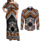 Personalised Aotearoa Niho Taniwha Motif Couples Matching Off Shoulder Maxi Dress and Long Sleeve Button Shirt Gold Style