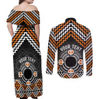 Personalised Aotearoa Niho Taniwha Motif Couples Matching Off Shoulder Maxi Dress and Long Sleeve Button Shirt Gold Style