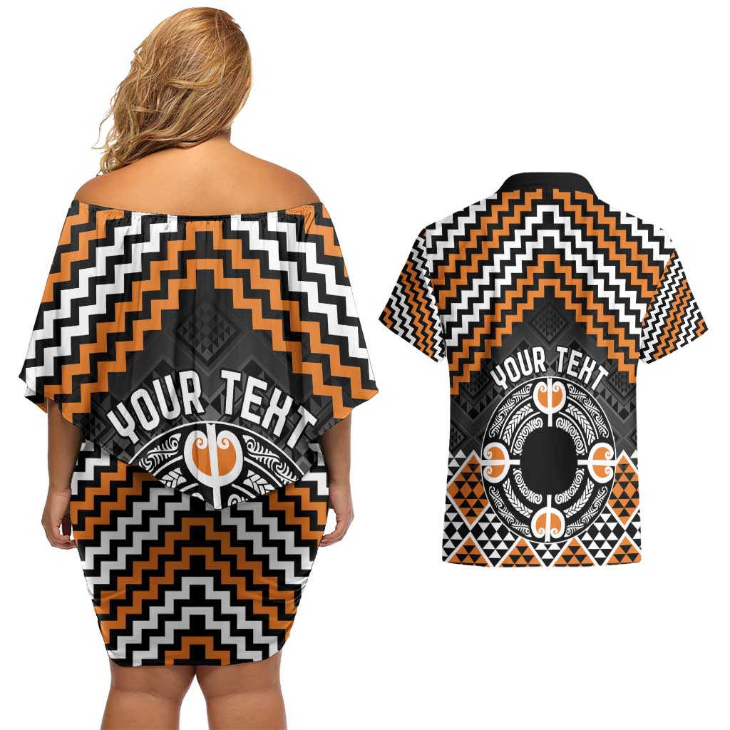 Personalised Aotearoa Niho Taniwha Motif Couples Matching Off Shoulder Short Dress and Hawaiian Shirt Gold Style