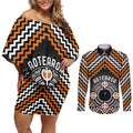 Personalised Aotearoa Niho Taniwha Motif Couples Matching Off Shoulder Short Dress and Long Sleeve Button Shirt Gold Style