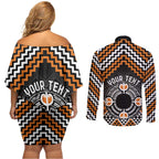 Personalised Aotearoa Niho Taniwha Motif Couples Matching Off Shoulder Short Dress and Long Sleeve Button Shirt Gold Style