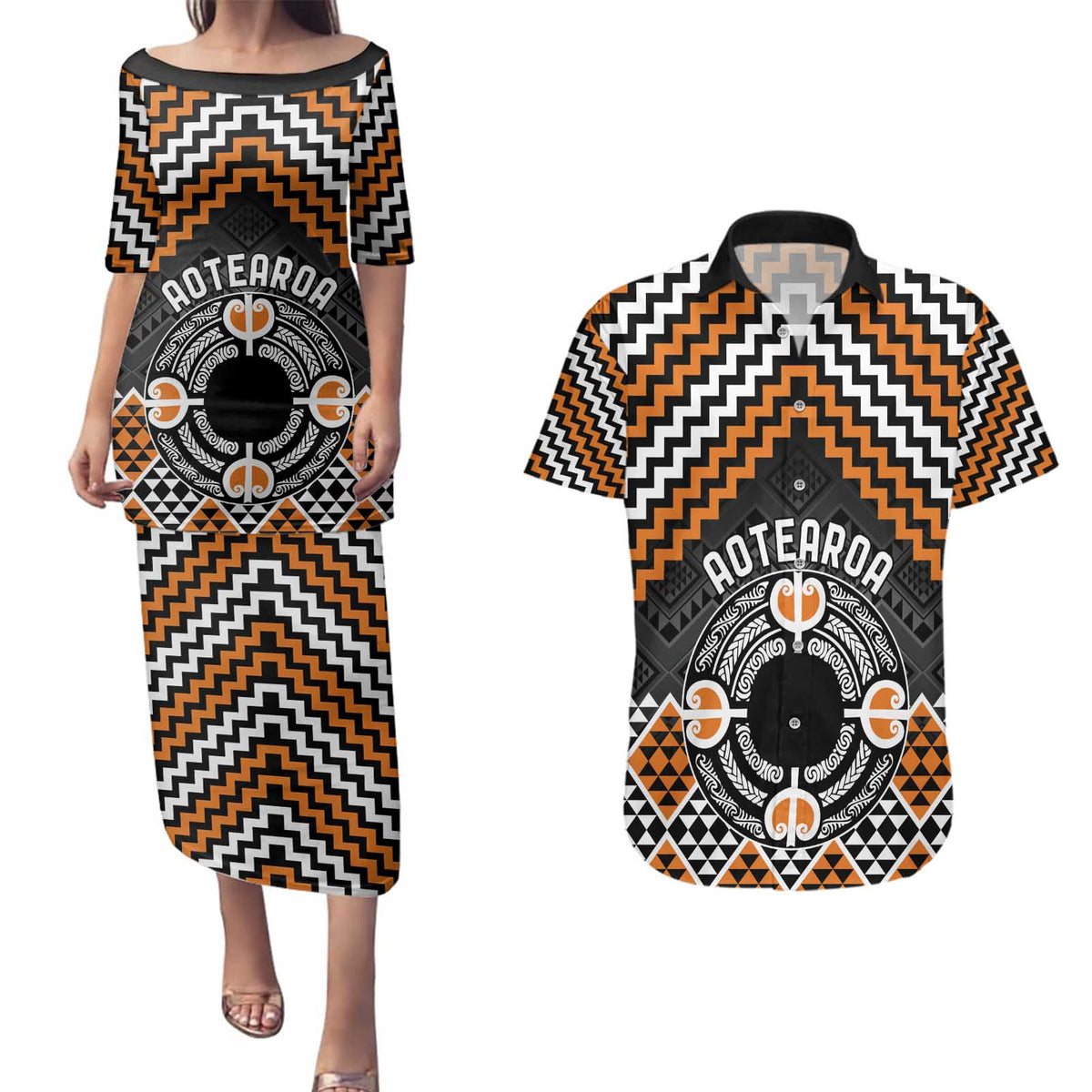 Personalised Aotearoa Niho Taniwha Motif Couples Matching Puletasi and Hawaiian Shirt Gold Style