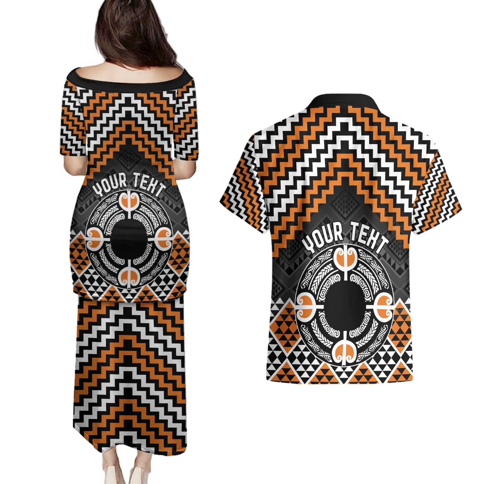 Personalised Aotearoa Niho Taniwha Motif Couples Matching Puletasi and Hawaiian Shirt Gold Style