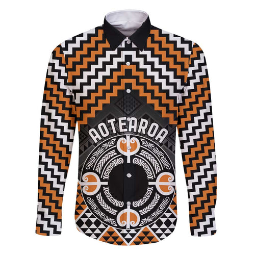 Personalised Aotearoa Niho Taniwha Motif Family Matching Long Sleeve Bodycon Dress and Hawaiian Shirt Gold Style