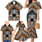 Personalised Aotearoa Niho Taniwha Motif Family Matching Mermaid Dress and Hawaiian Shirt Gold Style