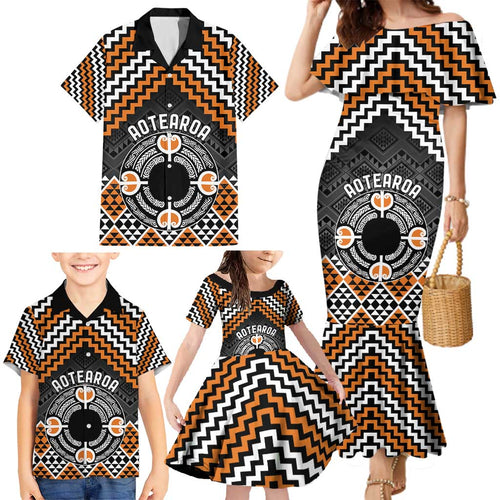 Personalised Aotearoa Niho Taniwha Motif Family Matching Mermaid Dress and Hawaiian Shirt Gold Style