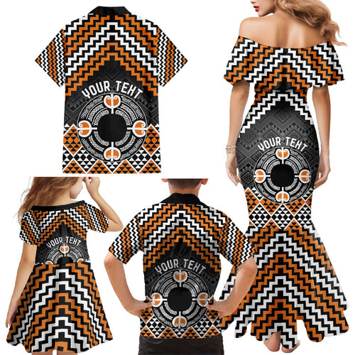 Personalised Aotearoa Niho Taniwha Motif Family Matching Mermaid Dress and Hawaiian Shirt Gold Style