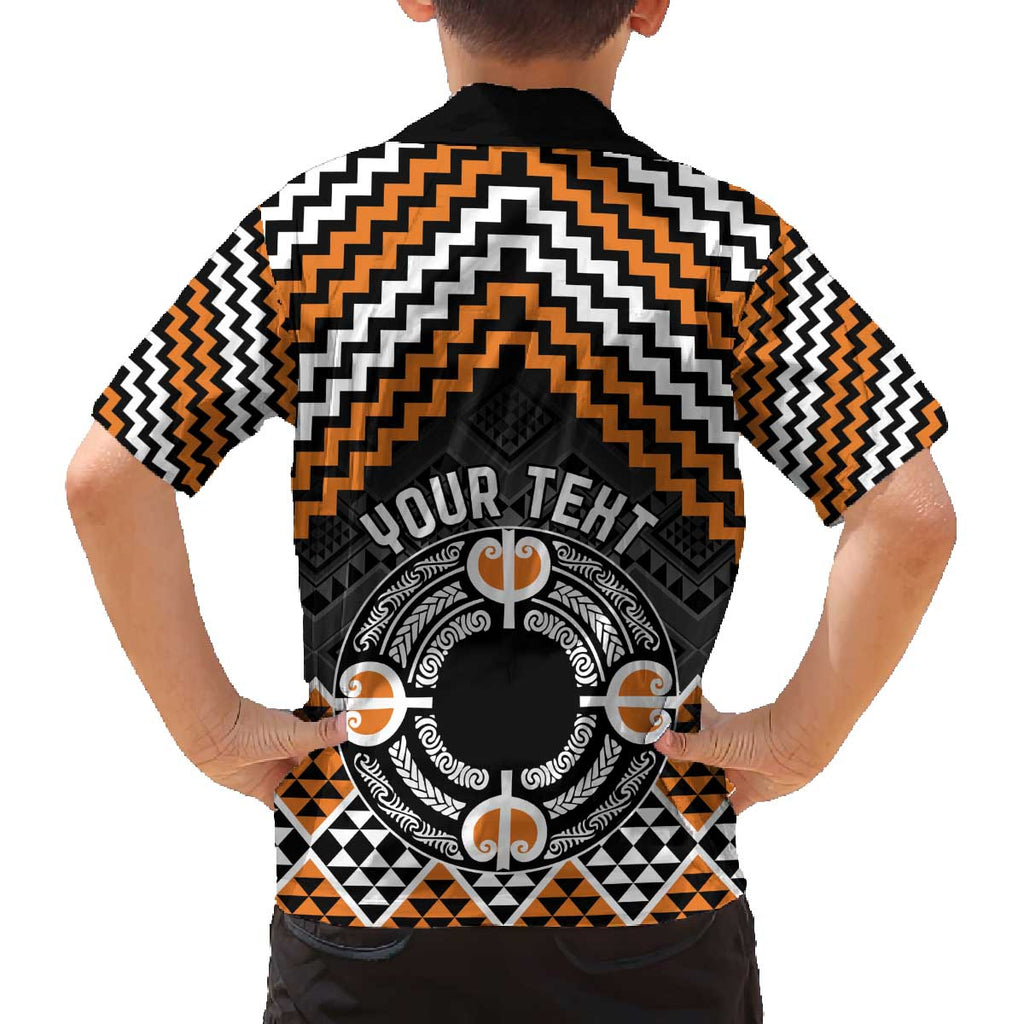Personalised Aotearoa Niho Taniwha Motif Family Matching Off The Shoulder Long Sleeve Dress and Hawaiian Shirt Gold Style