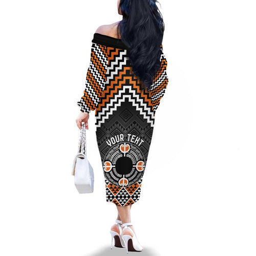 Personalised Aotearoa Niho Taniwha Motif Family Matching Off The Shoulder Long Sleeve Dress and Hawaiian Shirt Gold Style