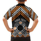 Personalised Aotearoa Niho Taniwha Motif Family Matching Off Shoulder Short Dress and Hawaiian Shirt Gold Style