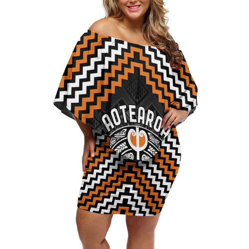Personalised Aotearoa Niho Taniwha Motif Family Matching Off Shoulder Short Dress and Hawaiian Shirt Gold Style