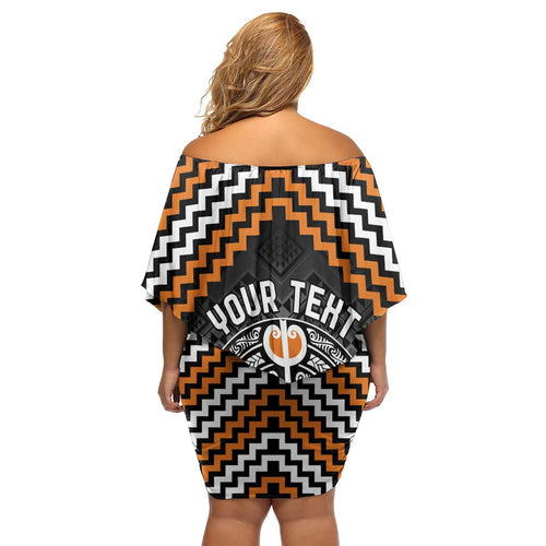 Personalised Aotearoa Niho Taniwha Motif Family Matching Off Shoulder Short Dress and Hawaiian Shirt Gold Style