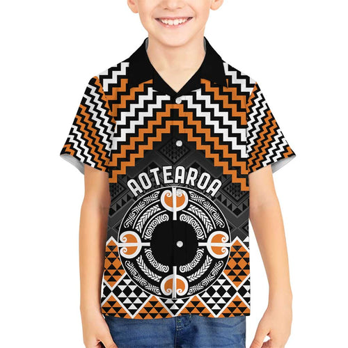 Personalised Aotearoa Niho Taniwha Motif Family Matching Off Shoulder Short Dress and Hawaiian Shirt Gold Style