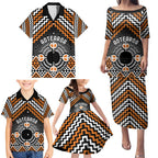 Personalised Aotearoa Niho Taniwha Motif Family Matching Puletasi and Hawaiian Shirt Gold Style