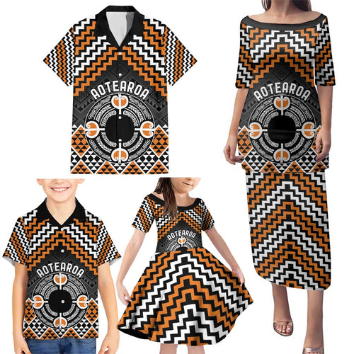 Personalised Aotearoa Niho Taniwha Motif Family Matching Puletasi and Hawaiian Shirt Gold Style