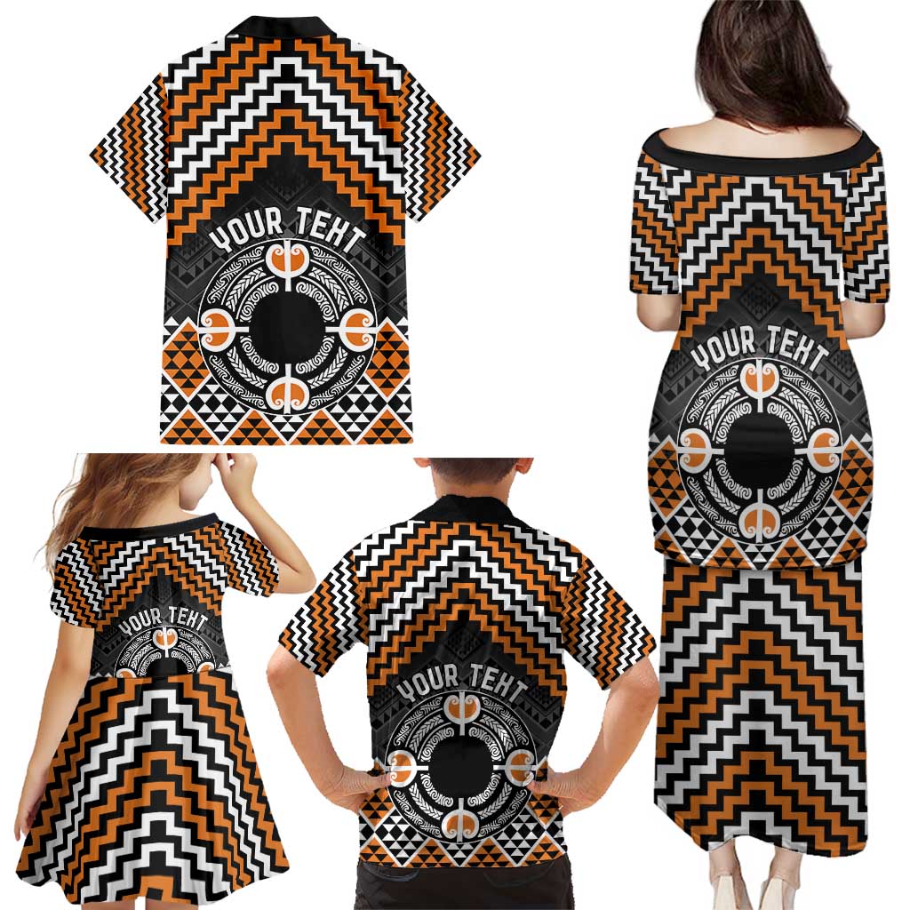 Personalised Aotearoa Niho Taniwha Motif Family Matching Puletasi and Hawaiian Shirt Gold Style