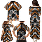 Personalised Aotearoa Niho Taniwha Motif Family Matching Puletasi and Hawaiian Shirt Gold Style