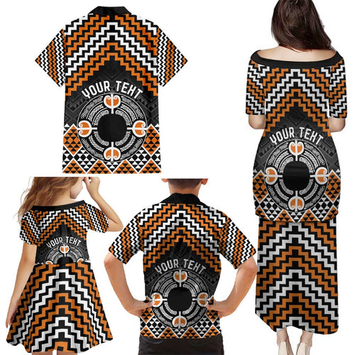 Personalised Aotearoa Niho Taniwha Motif Family Matching Puletasi and Hawaiian Shirt Gold Style