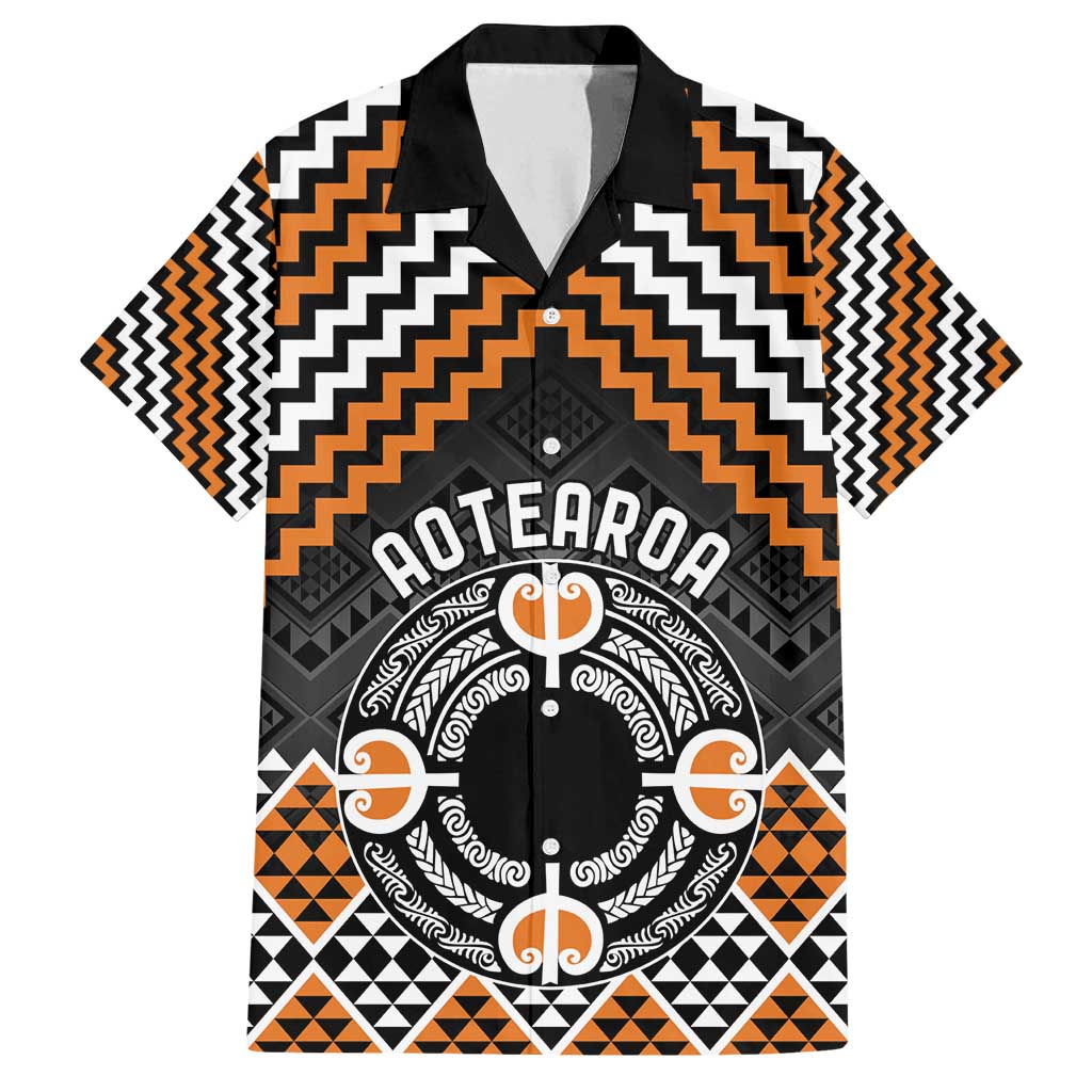 Personalised Aotearoa Niho Taniwha Motif Family Matching Puletasi and Hawaiian Shirt Gold Style
