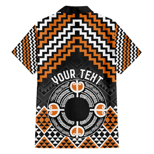 Personalised Aotearoa Niho Taniwha Motif Family Matching Puletasi and Hawaiian Shirt Gold Style
