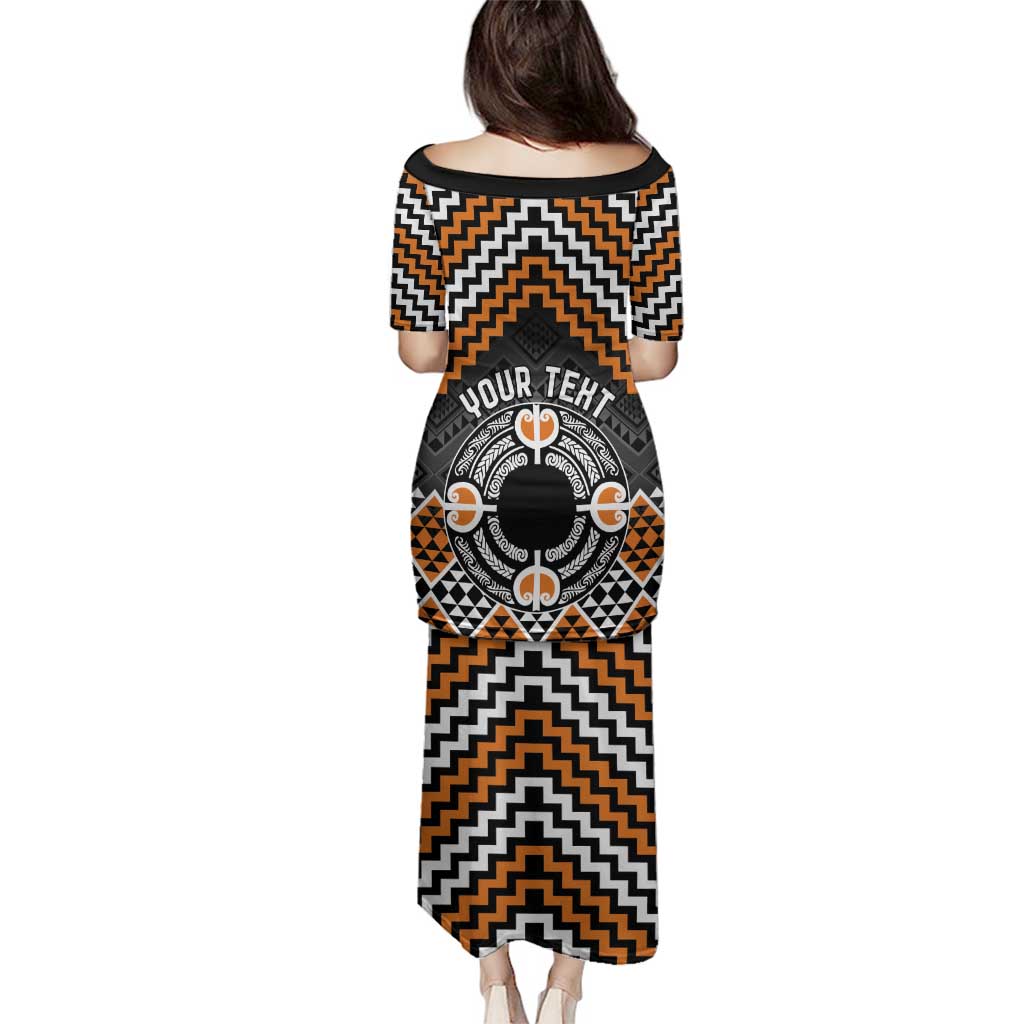 Personalised Aotearoa Niho Taniwha Motif Family Matching Puletasi and Hawaiian Shirt Gold Style