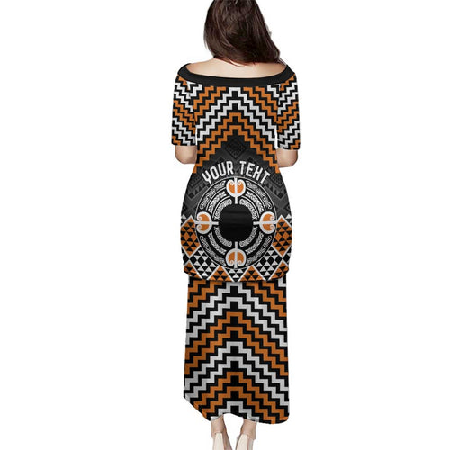 Personalised Aotearoa Niho Taniwha Motif Family Matching Puletasi and Hawaiian Shirt Gold Style