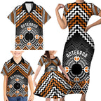 Personalised Aotearoa Niho Taniwha Motif Family Matching Short Sleeve Bodycon Dress and Hawaiian Shirt Gold Style