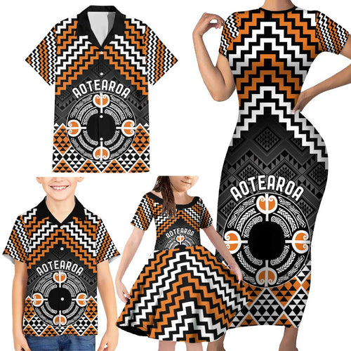 Personalised Aotearoa Niho Taniwha Motif Family Matching Short Sleeve Bodycon Dress and Hawaiian Shirt Gold Style