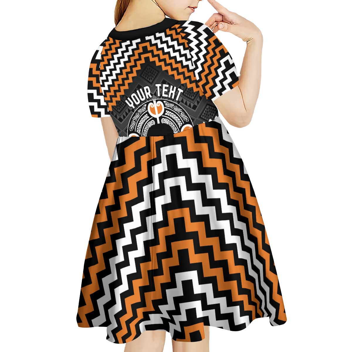 Personalised Aotearoa Niho Taniwha Motif Kid Short Sleeve Dress Gold Style