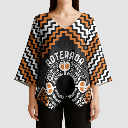 Personalised Aotearoa Niho Taniwha Motif Kimono Sleeve Blouse Gold Style - Aussie Hoodie
