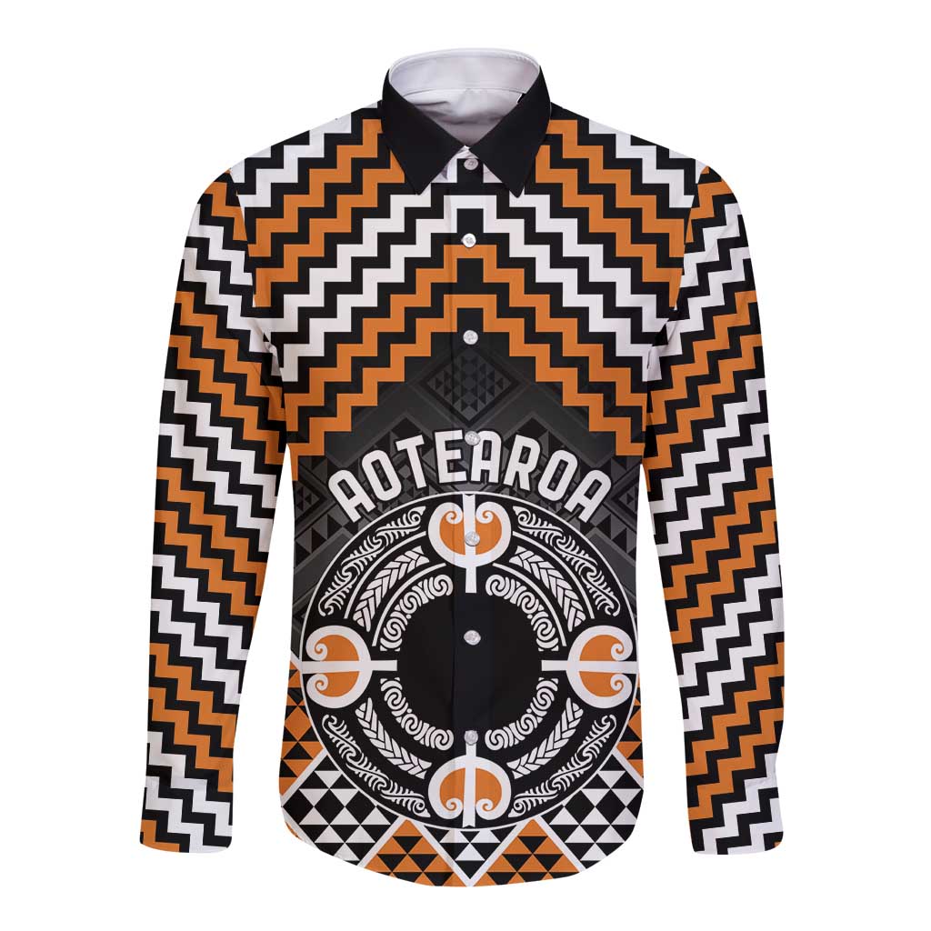 Personalised Aotearoa Niho Taniwha Motif Long Sleeve Button Shirt Gold Style