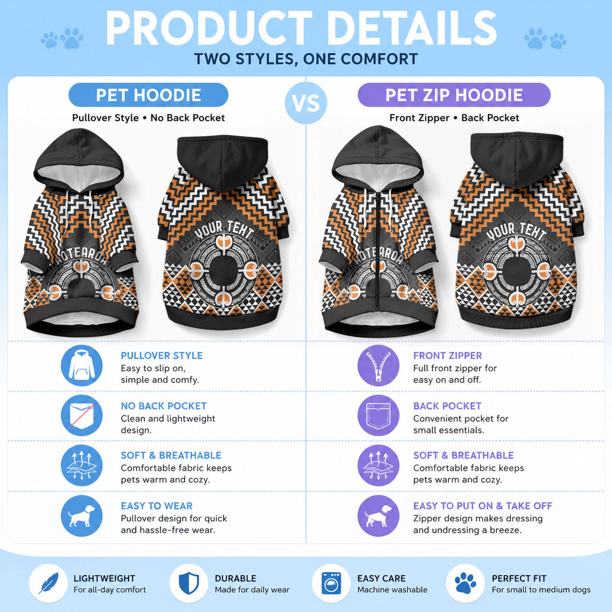 Personalised Aotearoa Niho Taniwha Motif Pet Hoodie Gold Style
