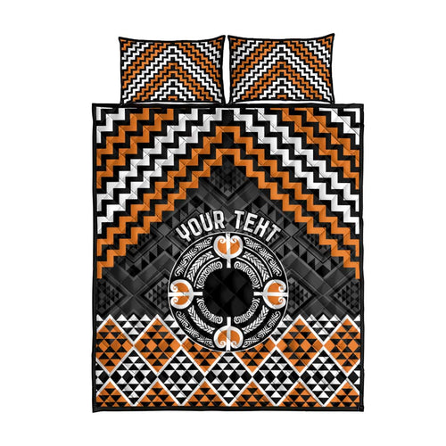 Personalised Aotearoa Niho Taniwha Motif Quilt Bed Set Gold Style