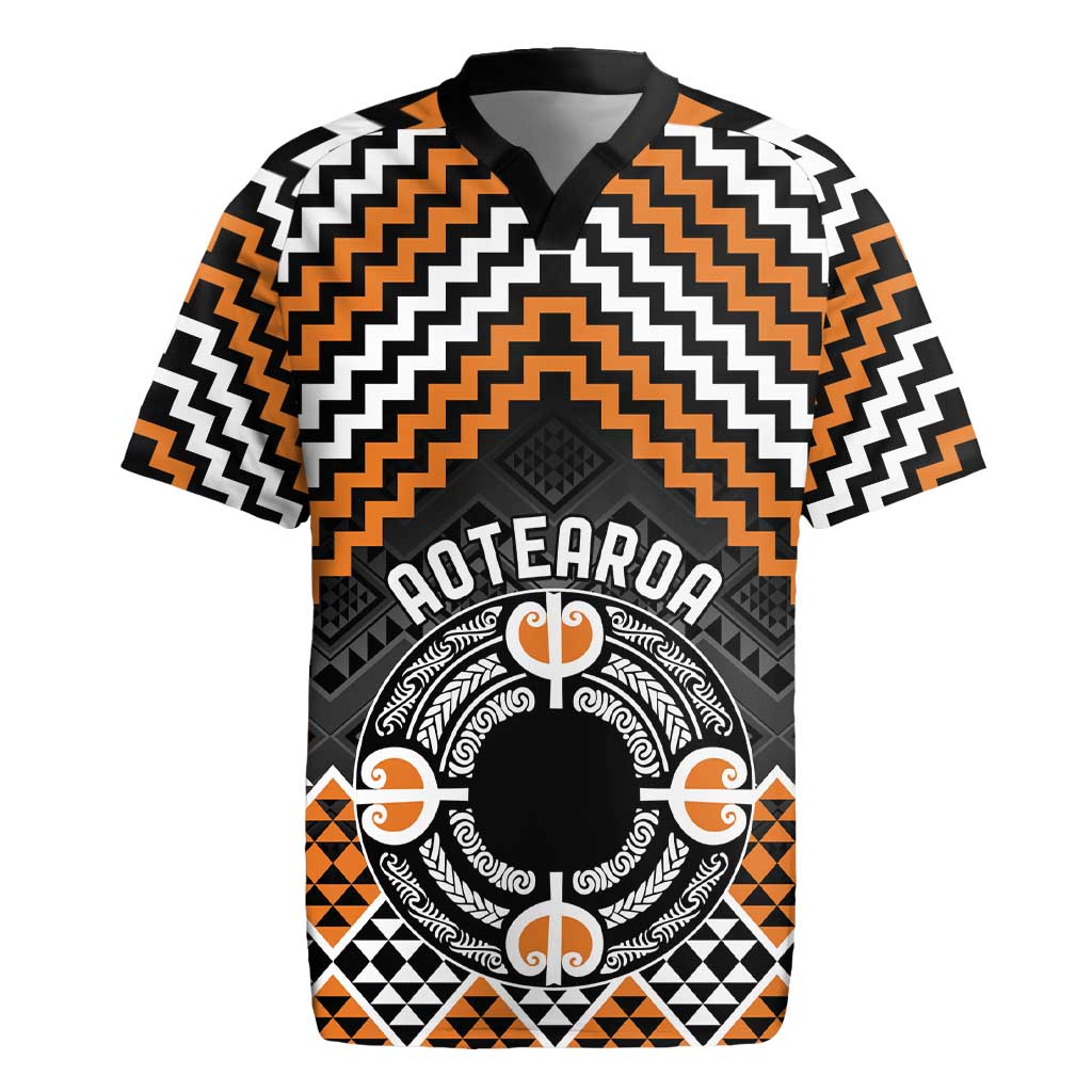 Personalised Aotearoa Niho Taniwha Motif Rugby Jersey Gold Style
