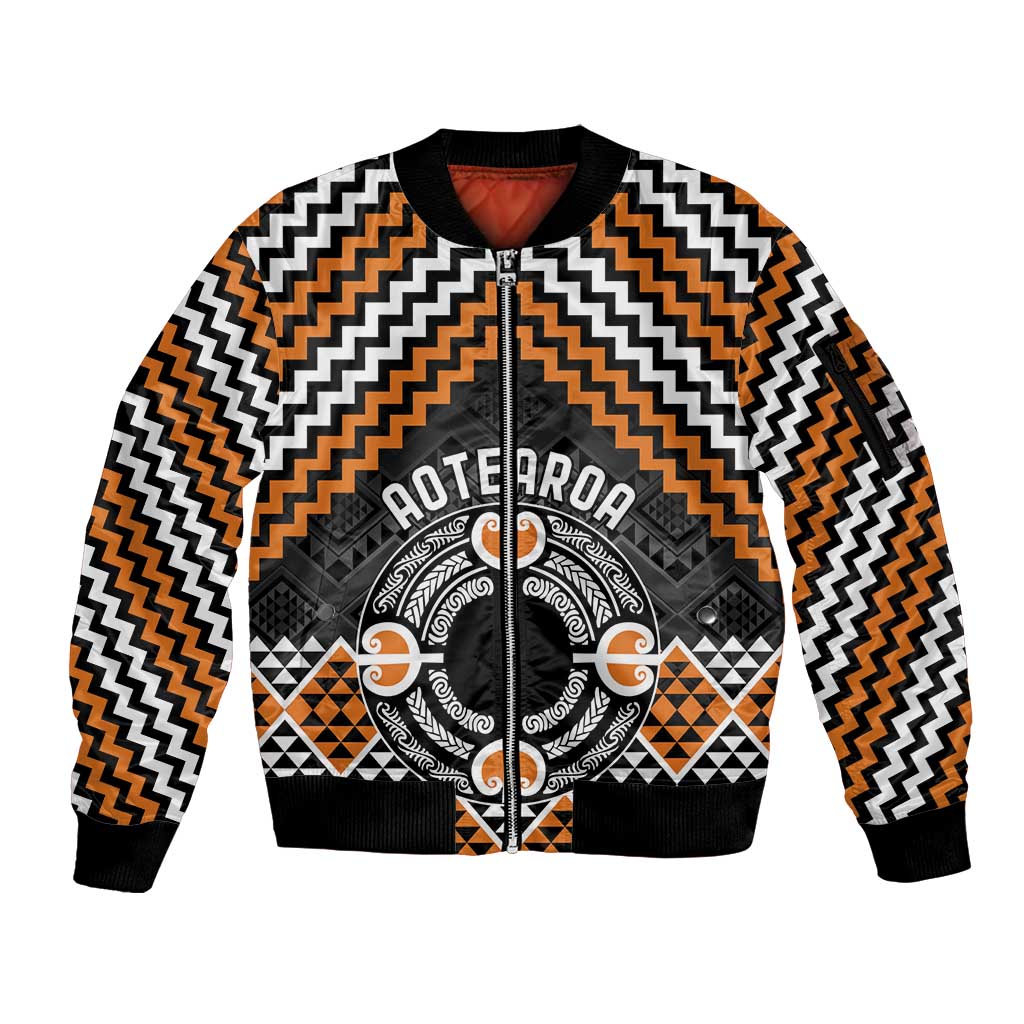 Personalised Aotearoa Niho Taniwha Motif Sleeve Zip Bomber Jacket Gold Style