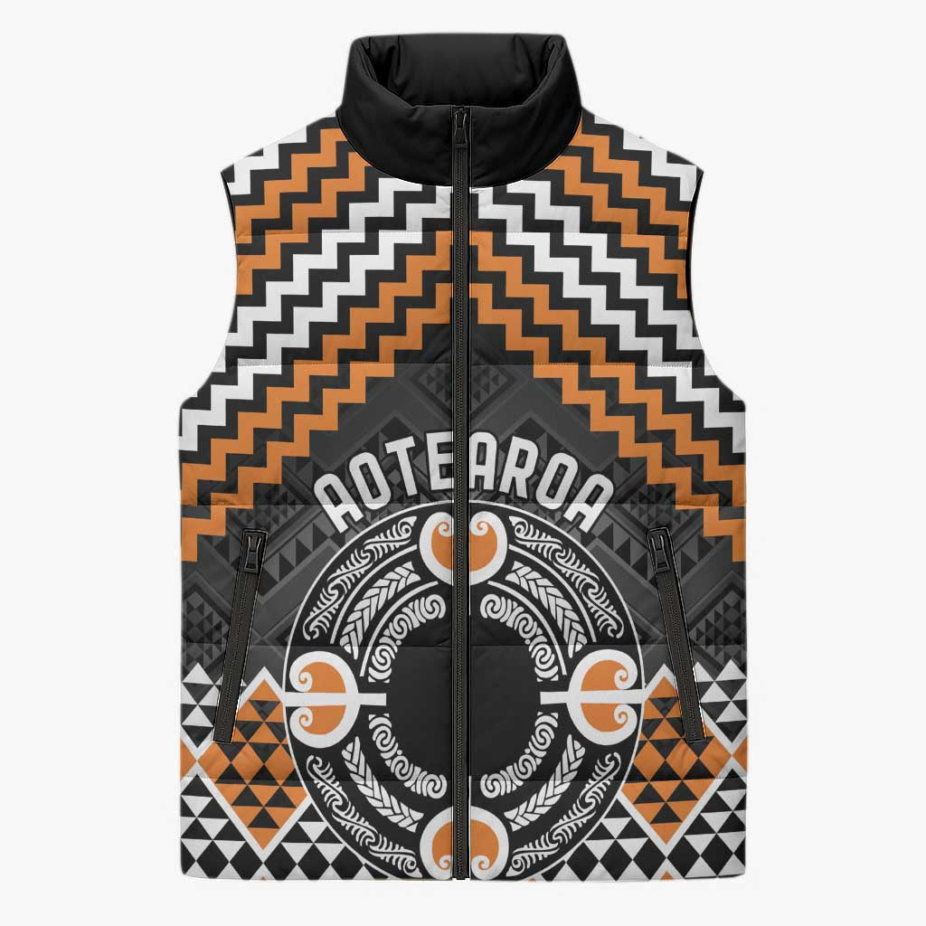 Personalised Aotearoa Niho Taniwha Motif Sleeveless Puffer Jacket Gold Style - Aussie Hoodie