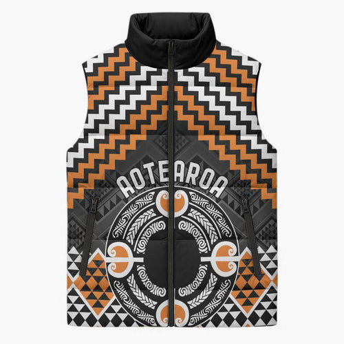 Personalised Aotearoa Niho Taniwha Motif Sleeveless Puffer Jacket Gold Style - Aussie Hoodie