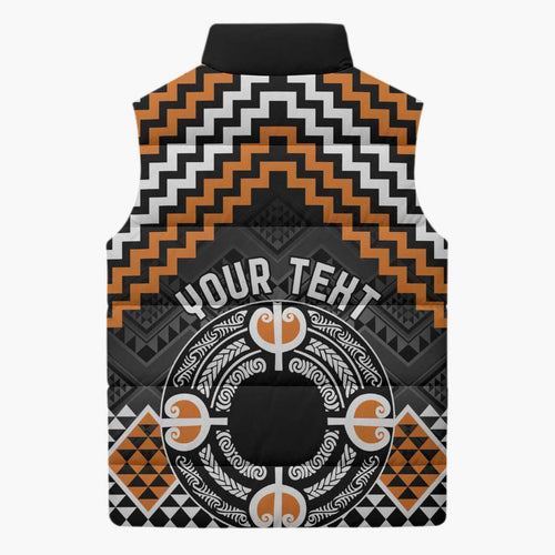 Personalised Aotearoa Niho Taniwha Motif Sleeveless Puffer Jacket Gold Style - Aussie Hoodie
