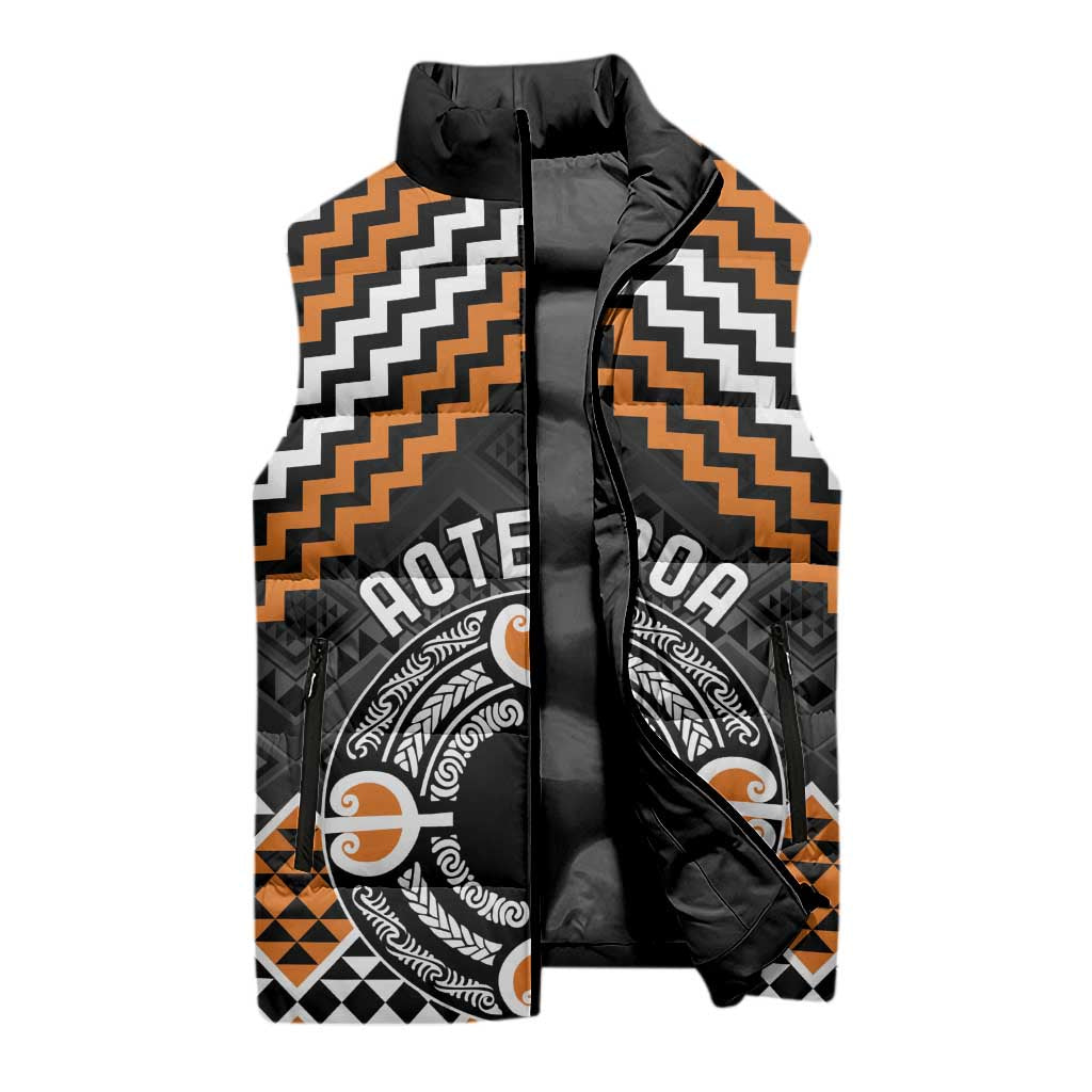 Personalised Aotearoa Niho Taniwha Motif Sleeveless Puffer Jacket Gold Style - Aussie Hoodie
