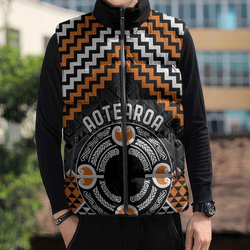 Personalised Aotearoa Niho Taniwha Motif Sleeveless Puffer Jacket Gold Style - Aussie Hoodie