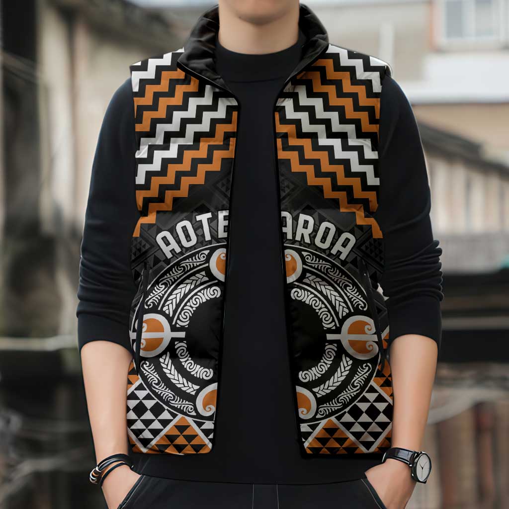 Personalised Aotearoa Niho Taniwha Motif Sleeveless Puffer Jacket Gold Style - Aussie Hoodie