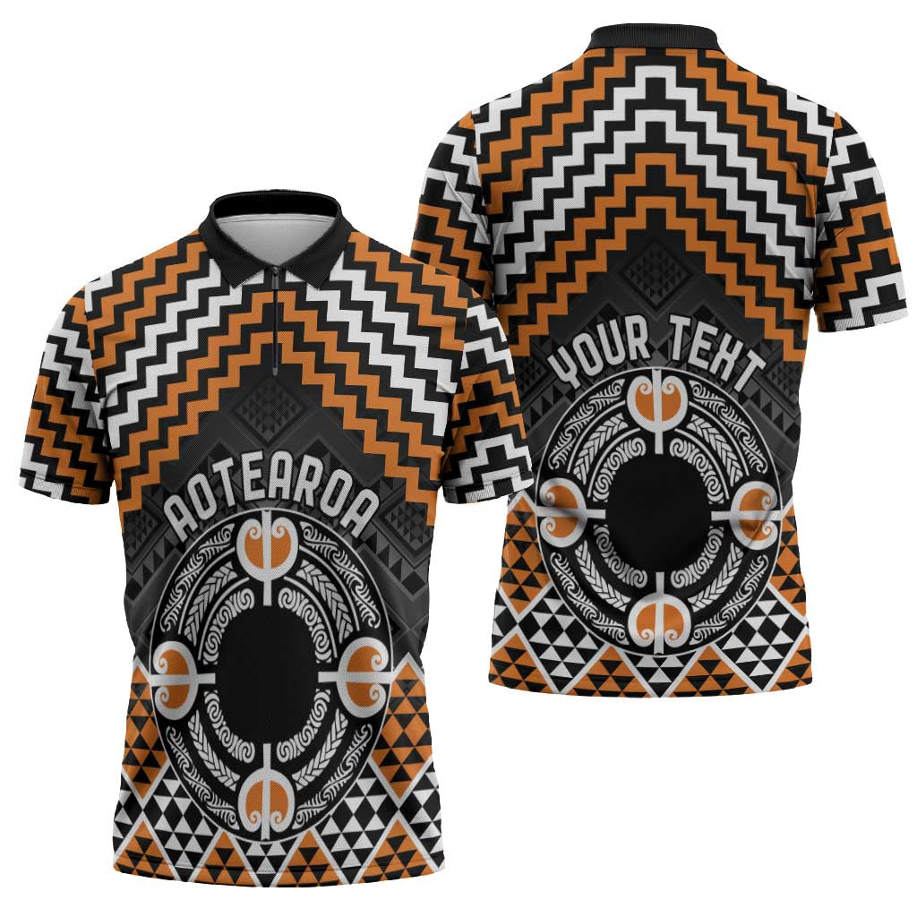 Personalised Aotearoa Niho Taniwha Motif Zipper Polo Shirt Gold Style - Aussie Hoodie