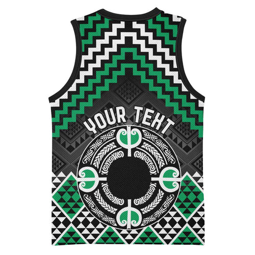 Personalised Aotearoa Niho Taniwha Motif Basketball Jersey Green Style - Aussie Hoodie