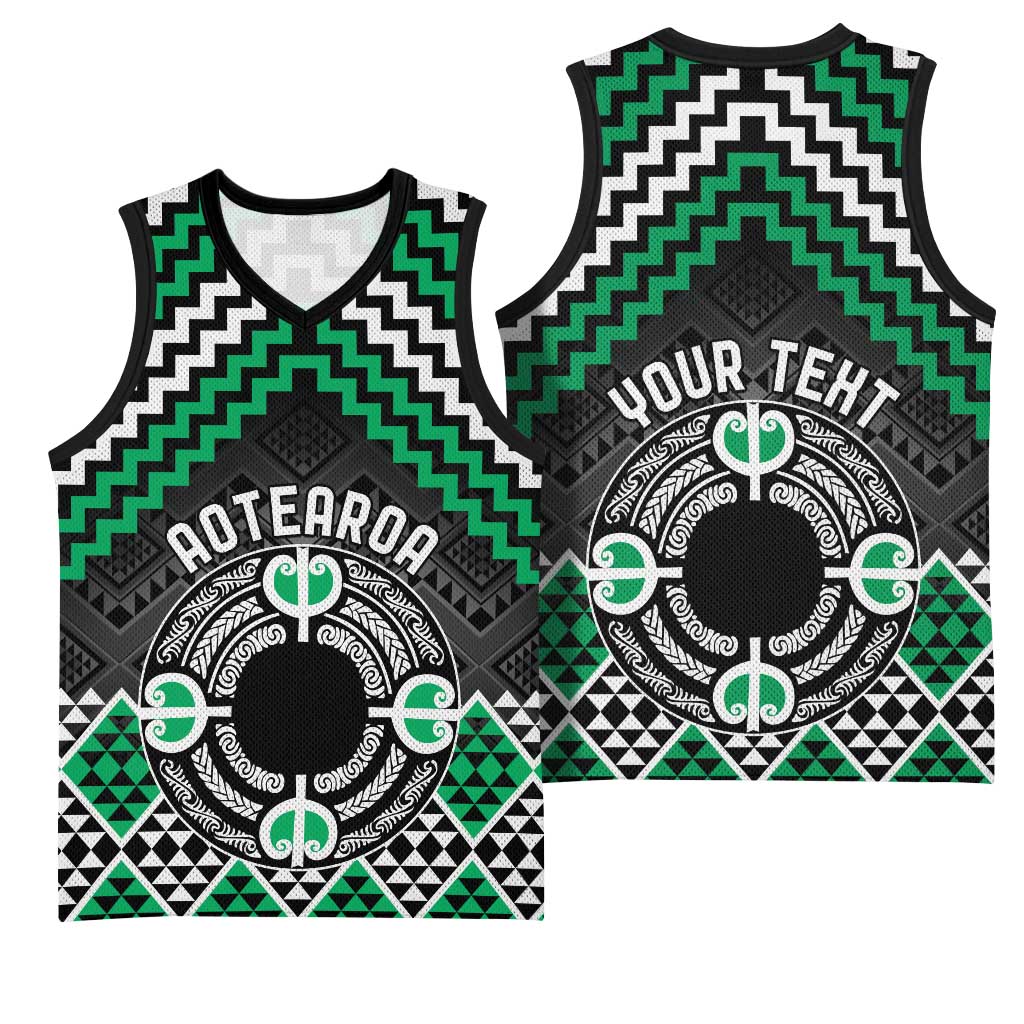 Personalised Aotearoa Niho Taniwha Motif Basketball Jersey Green Style - Aussie Hoodie