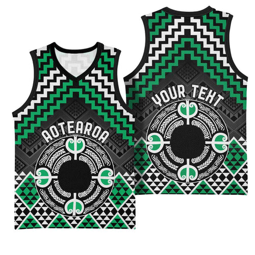 Personalised Aotearoa Niho Taniwha Motif Basketball Jersey Green Style - Aussie Hoodie