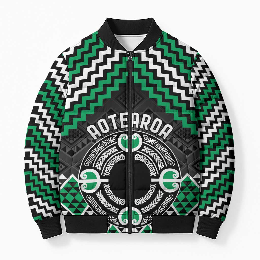Personalised Aotearoa Niho Taniwha Motif Bomber Puffer Jacket Green Style - Aussie Hoodie