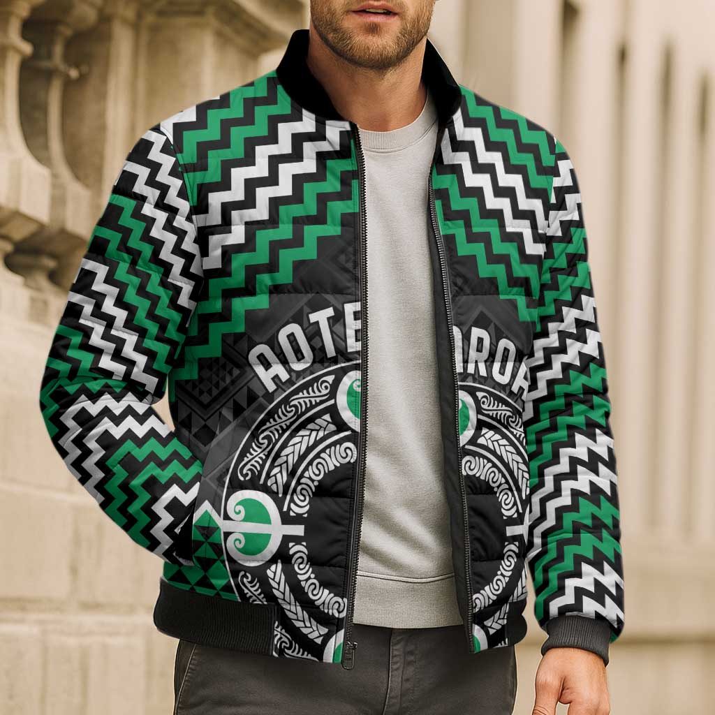 Personalised Aotearoa Niho Taniwha Motif Bomber Puffer Jacket Green Style - Aussie Hoodie