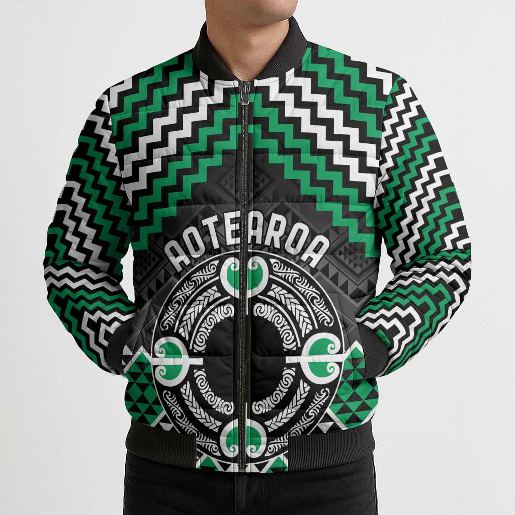 Personalised Aotearoa Niho Taniwha Motif Bomber Puffer Jacket Green Style - Aussie Hoodie