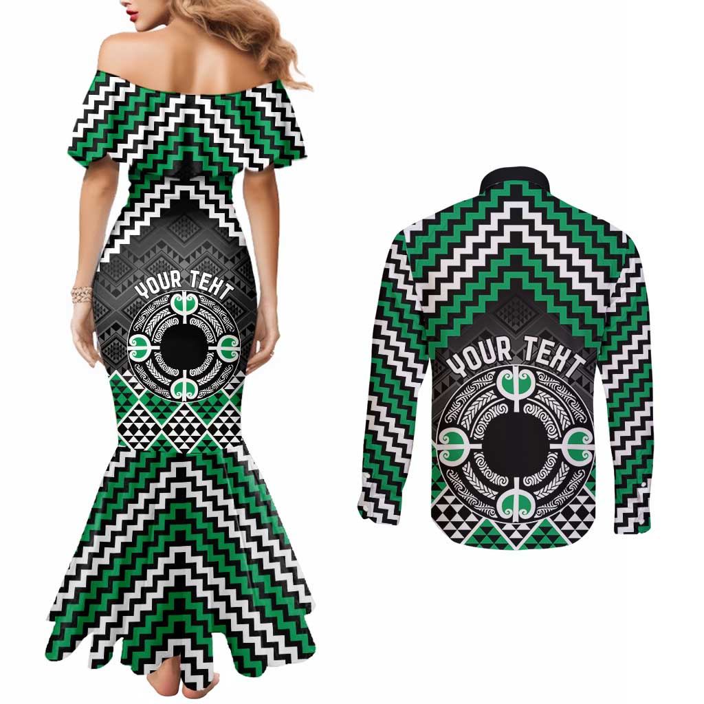 Personalised Aotearoa Niho Taniwha Motif Couples Matching Mermaid Dress and Long Sleeve Button Shirt Green Style