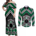 Personalised Aotearoa Niho Taniwha Motif Couples Matching Off Shoulder Maxi Dress and Long Sleeve Button Shirt Green Style
